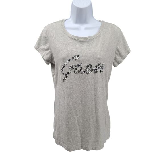 Guess Y2K Ladies plaid ribbon logo t-shirt Grey Size XL Vintage Bling Mcbling - Picture 1 of 7
